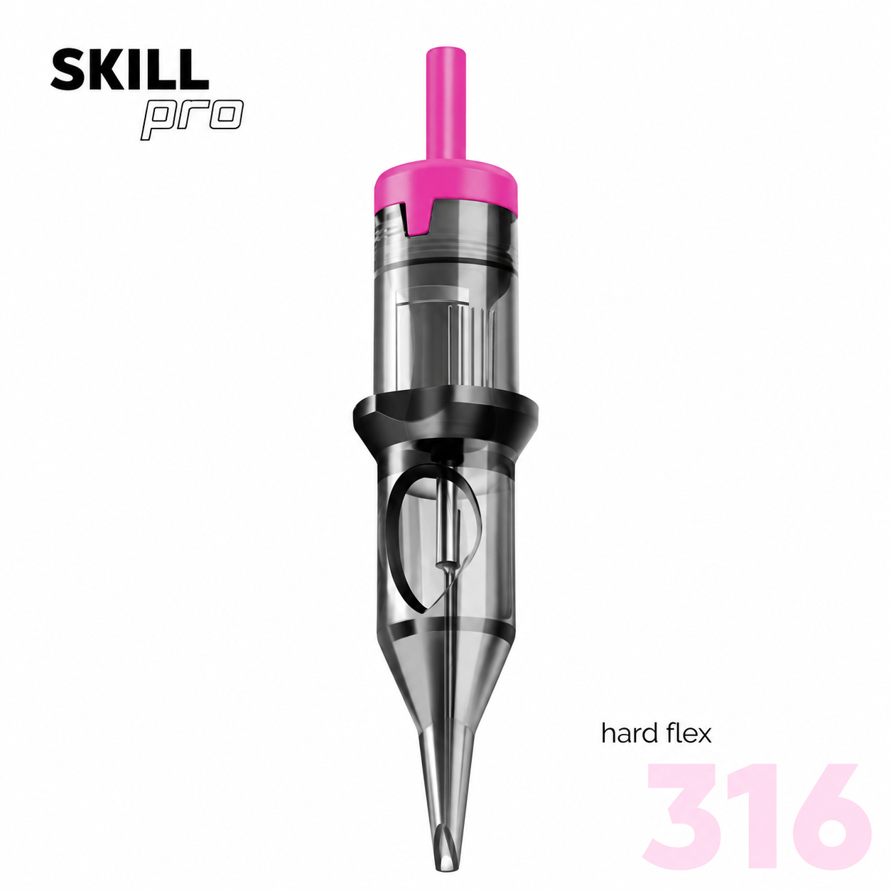 Tattoo needle cartridge with pink top on a white background, branded 'Skill Pro'.
