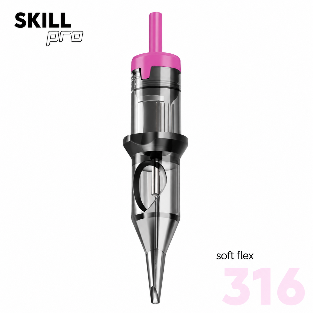 Tattoo needle cartridge with pink top on a white background, branded 'Skill Pro'.