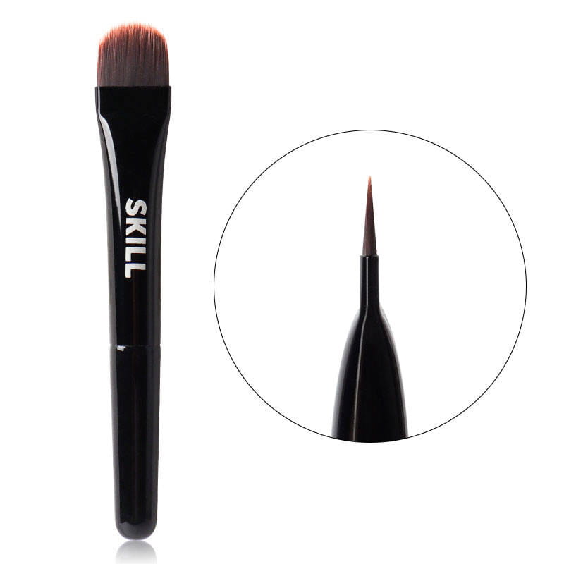 A black disposable rounded brush with the brand 'SKILL' written on the handle, shown with an inset of the brush tip.