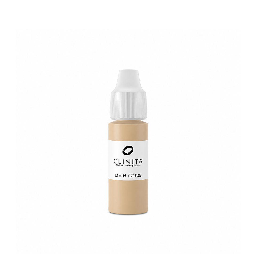 Permanent makeup almond ink bottle with white cap on a white background, featuring the brand 'CLINITA'.