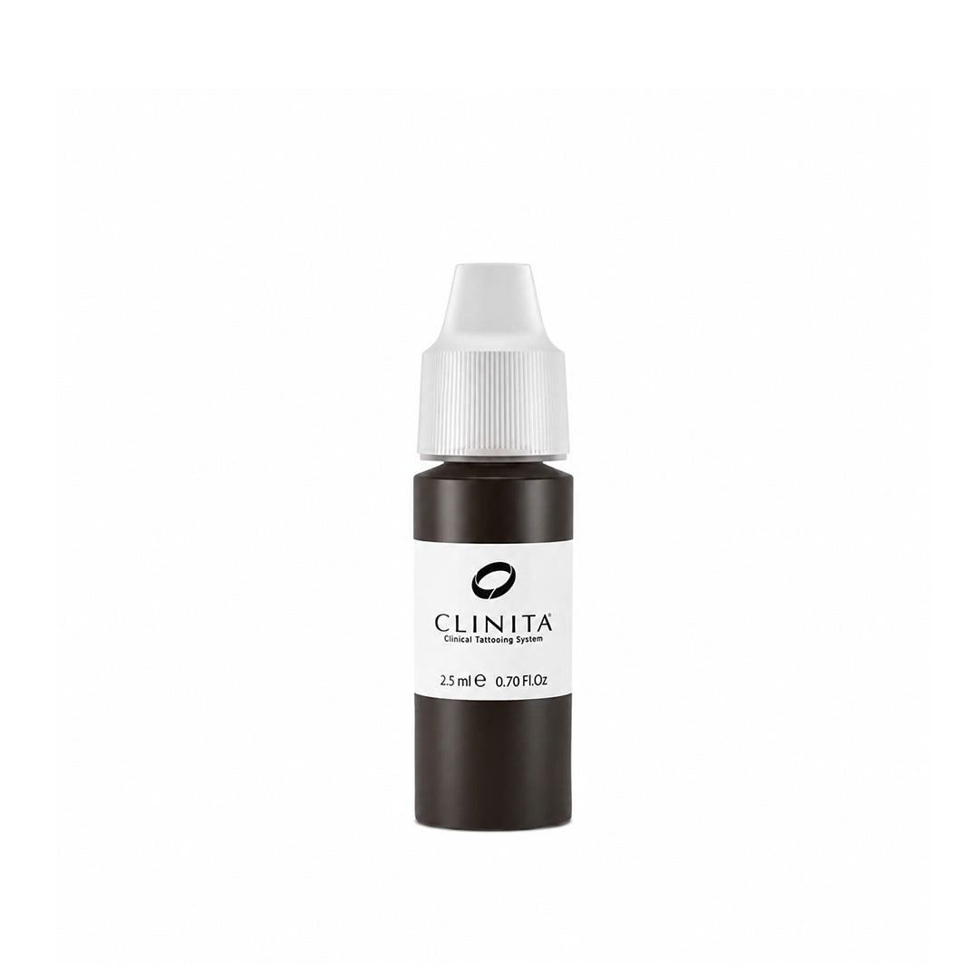 Permanent makeup deep black ink bottle with white cap on a white background, featuring the brand 'CLINITA'.