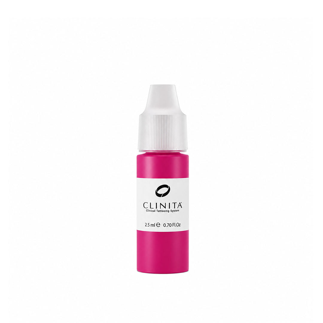 Permanent makeup fuchsia ink bottle with white cap on a white background, featuring the brand 'CLINITA'.