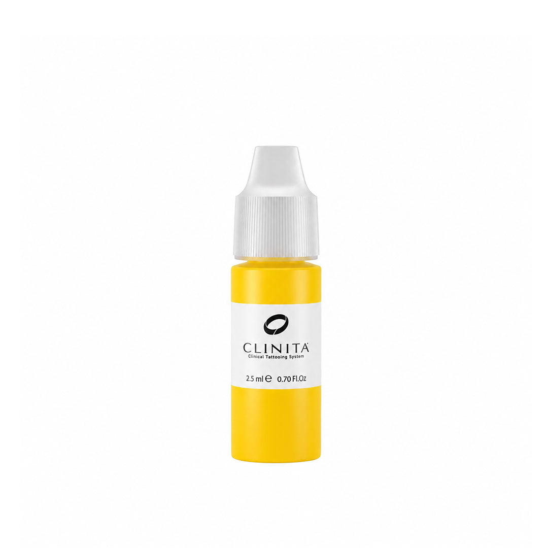 Permanent makeup pure gold ink bottle with white cap on a white background, featuring the brand 'CLINITA'.