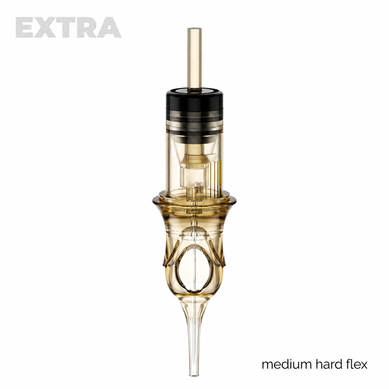 Gold-colored needle with 'EXTRA' text and 'medium hard flex' label on a white background