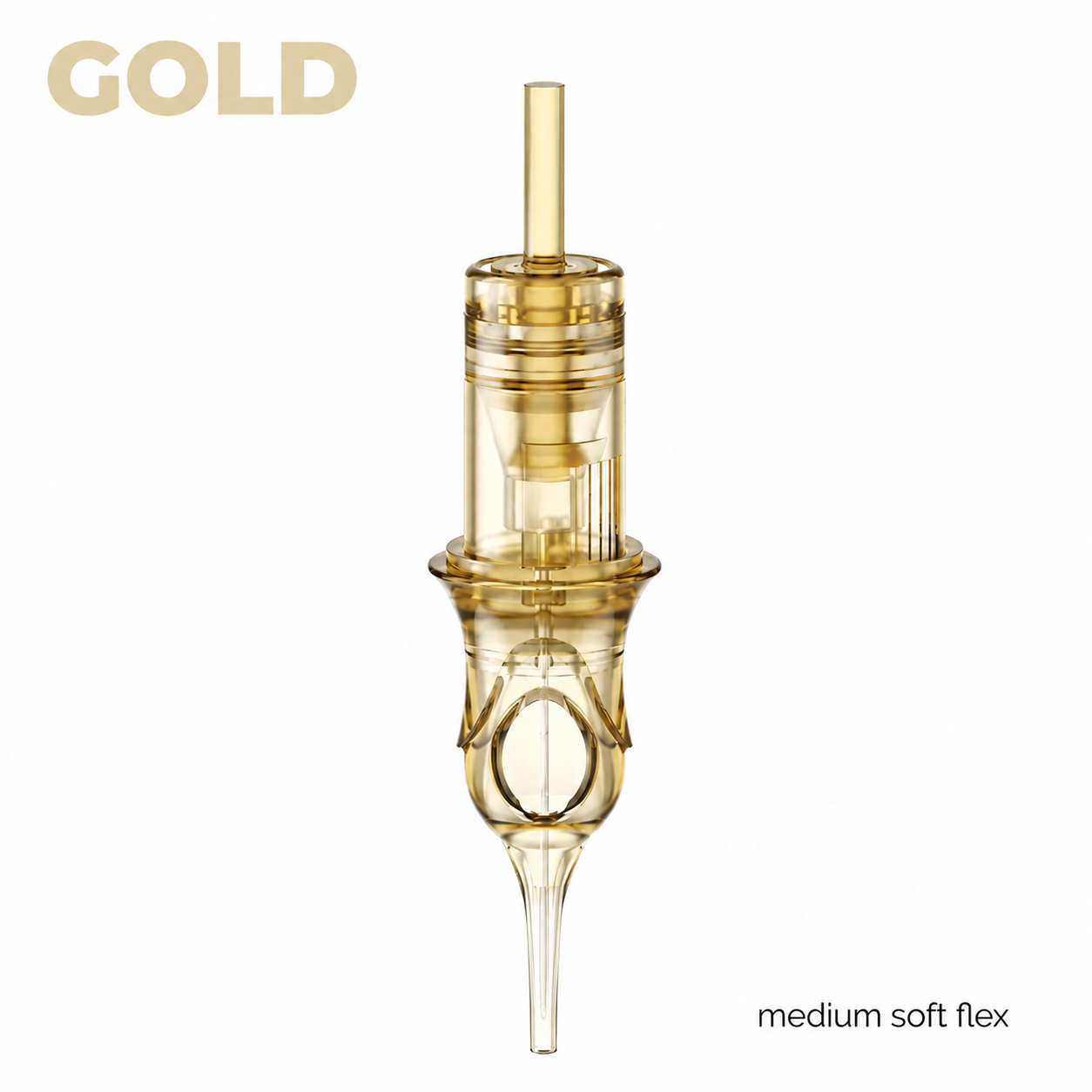 Gold-colored needle with 'GOLD' text and 'medium soft flex' label on a white background